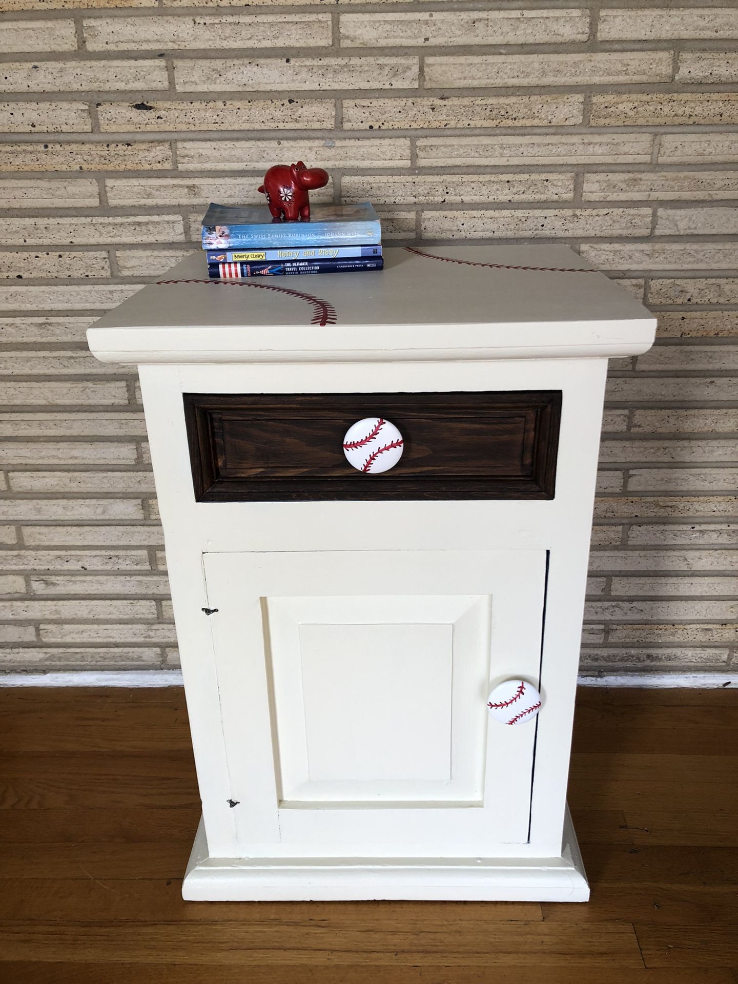 Solid Wood, Rustic, Hand Painted, Baseball-Themed End Table, Nightstand