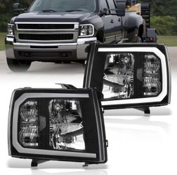 2007 - 2013 Chevy Silverado LED DRL Black Headlights Bumper Signal Lamps Assembly Pair Compatible/Replacement For Silverado 1500 RST 2500HD 3500HD