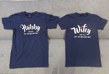 Hubby & Wifey couples t-shirts M medium S small blue like new