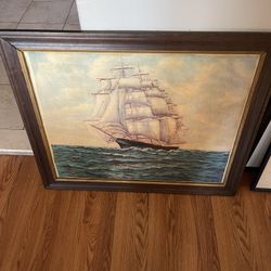 Huge Vintage Ship Painting 