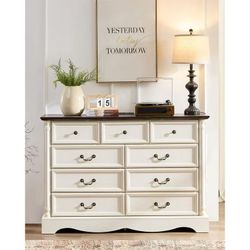 Farmhouse 9 Drawers Dresser for Bedroom with 6 Gourd Feet and Roman Column Decor, 63in Wide Wood Country Rustic Chest of Drawers, Storage Dressers for