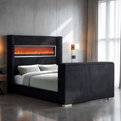 BLACK QUEEN SIZE BED WITH FIREPLACE SIMULATOR AND TV STAND/LIFT