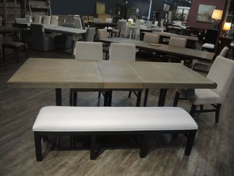 Trestle Mariposa Two-Tone Extendable Dining Table with Upholstered Chairs & Bench
