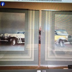 Vintage Pair Metal Framed Antique Car Prints  40x30 -  PAIR