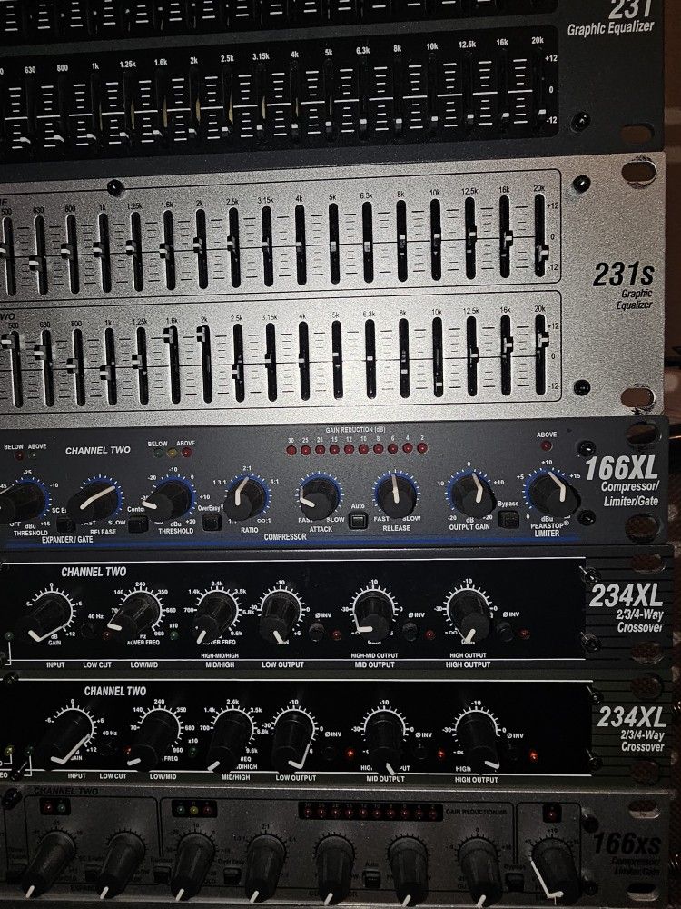DBX Graphic Equilizers, Compressors, 2/3/4-Way Crossovers Aand Feedback Destroyer. $100 Each