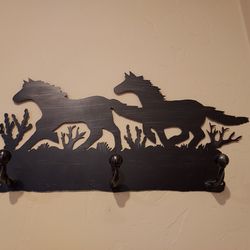 HORSES Metal Wall Coat / Hat Rack 22"x11"