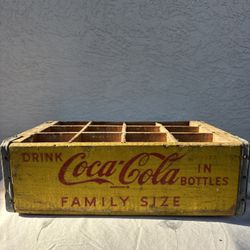Vintage Yellow & Red Coca-Cola Family Size Wood Crate For 12 Bottles 1960s