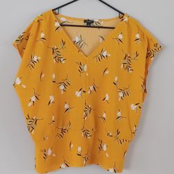 Ann Taylor Factory Mustard Yellow Floral Sleeveless Blouse | V-Neck | Size XL