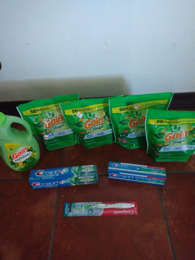 4 Gain Flings.16 Pacs 1 Gain Sostener 51 Oz 2 Colgate Max Fresh  And Brush Firm On Price Hablo Español 