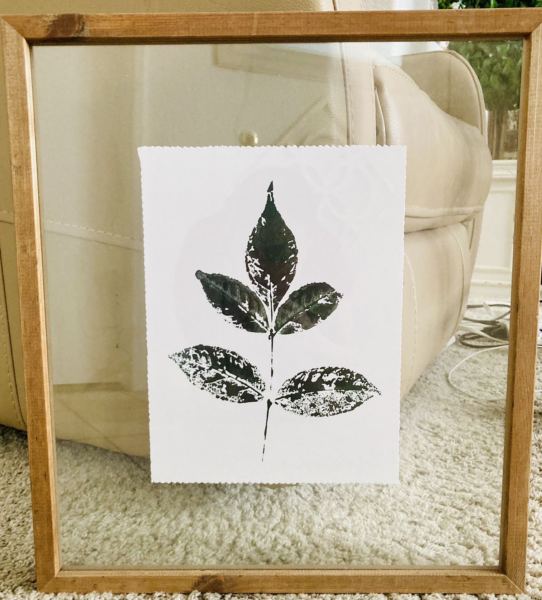 Double Pane Glass wood frame Colorful Leaf Artwork 16” wide x 18” high