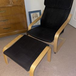 IKEA Armchair and Ottoman, Birch Wood, Black Cushions