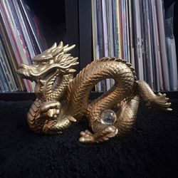 Gold Finish Ceramic Dragon Statue w/ Glass Crystal Ball – 11” Long