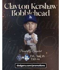 NIB Clayton Kershaw 2026 Los Angeles Dodgers Bobblehead SGA 8/14/26