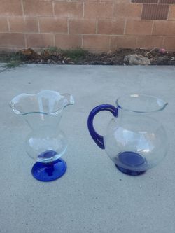 Clear Glass Pitcher and Vase with Cobalt Blue Accents