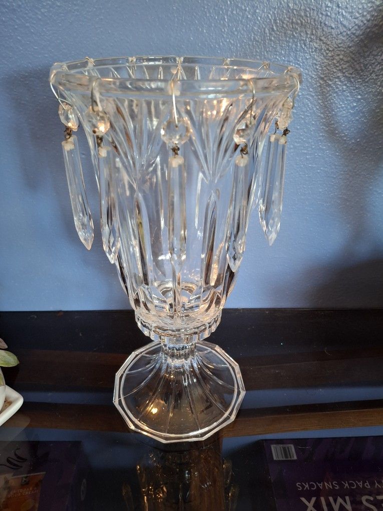  VERY Unique Looking Vintage  SOLID GLASS  TABLE  CANDLE HOLDER  WITH LOTS Of  LARGE  PRISMS  NO CHIPS 