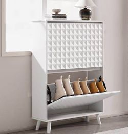 White Flip-Down Shoe Cabinet | 3D Diamond Front | Modern Entryway