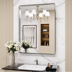 24X36 Inch Brushed Nickel Bathroom Mirror, Rounded Rectangle Silver Metal Frame Mirror, Brushed Nickel, Anti-Rust, Hangs Horizontally Or Vertically