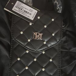 Badgley Mischka Black Vegan Leather Quilted Pearl Cell Phone Crossbody Bag NWT