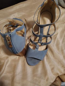 Liz Claiborne Blue Strappy Wedge Sandals with Gold Hardware