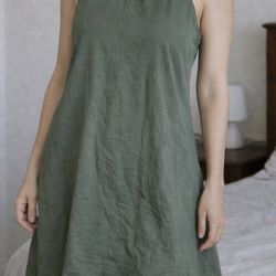 Olive Green Sleeveless Shift Dress with Gold Beaded Necklace Detail