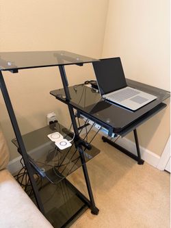 Glass Top PC Desk (dark black glass) With Side Shelves