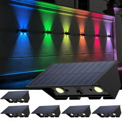 Solar Fence Lights, 6-Pack Fence Lights Solar Powered Warm White & RGB, Up & Down Solar Wall Lights Outdoor, Waterproof Solar Lights 120 Lumens Bright