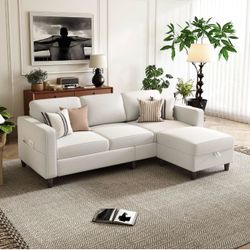 78'' 3 Seat Sectional Sofa with Ottoman and Storage (Off White)