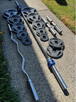 15 kg women’s bar with curling 4 ft and dumbbell weights handles with Olympic weights 2x35, 2x25, 4x10, 2x5 and 2x2.5 lb lbs collar locks included