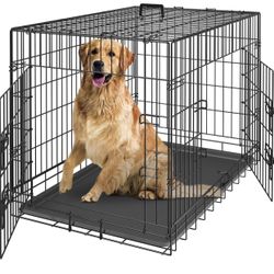 42 Inches Dog Crate Large Foldable Dog Kennel Metal Wire Pet Dog Cage with Double-Door Leak-Proof Tray Divider Panel and Handle for Dog Cat Pet,Black 
