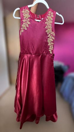 Girls Burgundy Satin Party Dress with Gold Embroidery – Size 12