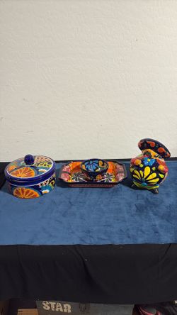 Mexican Talavera pottery kitchen set.