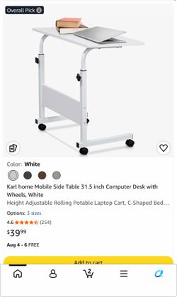 Karl home Mobile Side Table 31.5 inch Computer Desk with Wheels, White