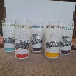 VINTAGE ANCHOR HOCKING ANTIQUE AUTO DRINKING GLASSES SET