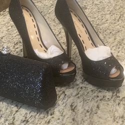 Black Sequenced Peep Toe High Heel Shoes With Matching Purse 