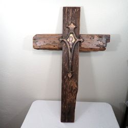 
Rustic Barnwood Cross 36” Handmade Christ Icon Farmhouse Wall Decor