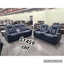 Ink Blue  Power Reclining Sofa And Loveseat Set 