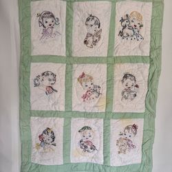 Vtg Baby Blanket Hand Embroidered Stitched Green Receiving  38” X 28” Children —-Has stains as shown in pics