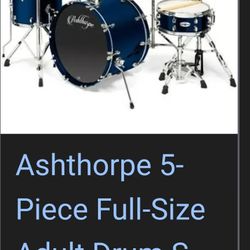 This item is an Ashthorpe 5-Piece Complete Full Size Adult Drum Set.     Components: Includes a bass drum, snare drum, mounted toms, floor tom, and cy