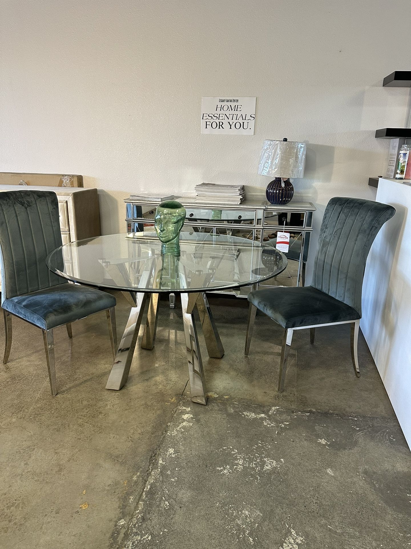 Dining Table Set Chairs for Kitchen or Waiting Area in Gray & Silver with Glass Top — WAREHOUSE SALE