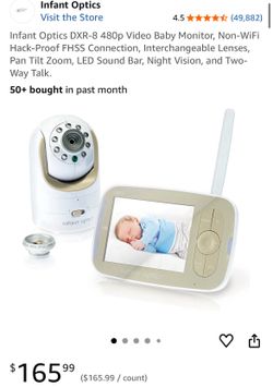 Infant Optics DXR-8 480p Video Baby Monitor, Non-WiFi Hack-Proof FHSS Connection, Interchangeable Lenses, Pan Tilt Zoom, LED Sound Bar, Night Vision, 