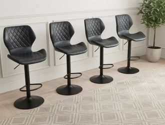 $125  for all 4! 4 Modern Black Diamond Quilted Faux Leather Swivel Adjustable Height Bar Stools! One has a small tear on seat, see pics. Seat height 