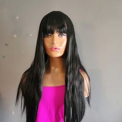 Black Synthetic Hair Wigs With Bangs 22" New