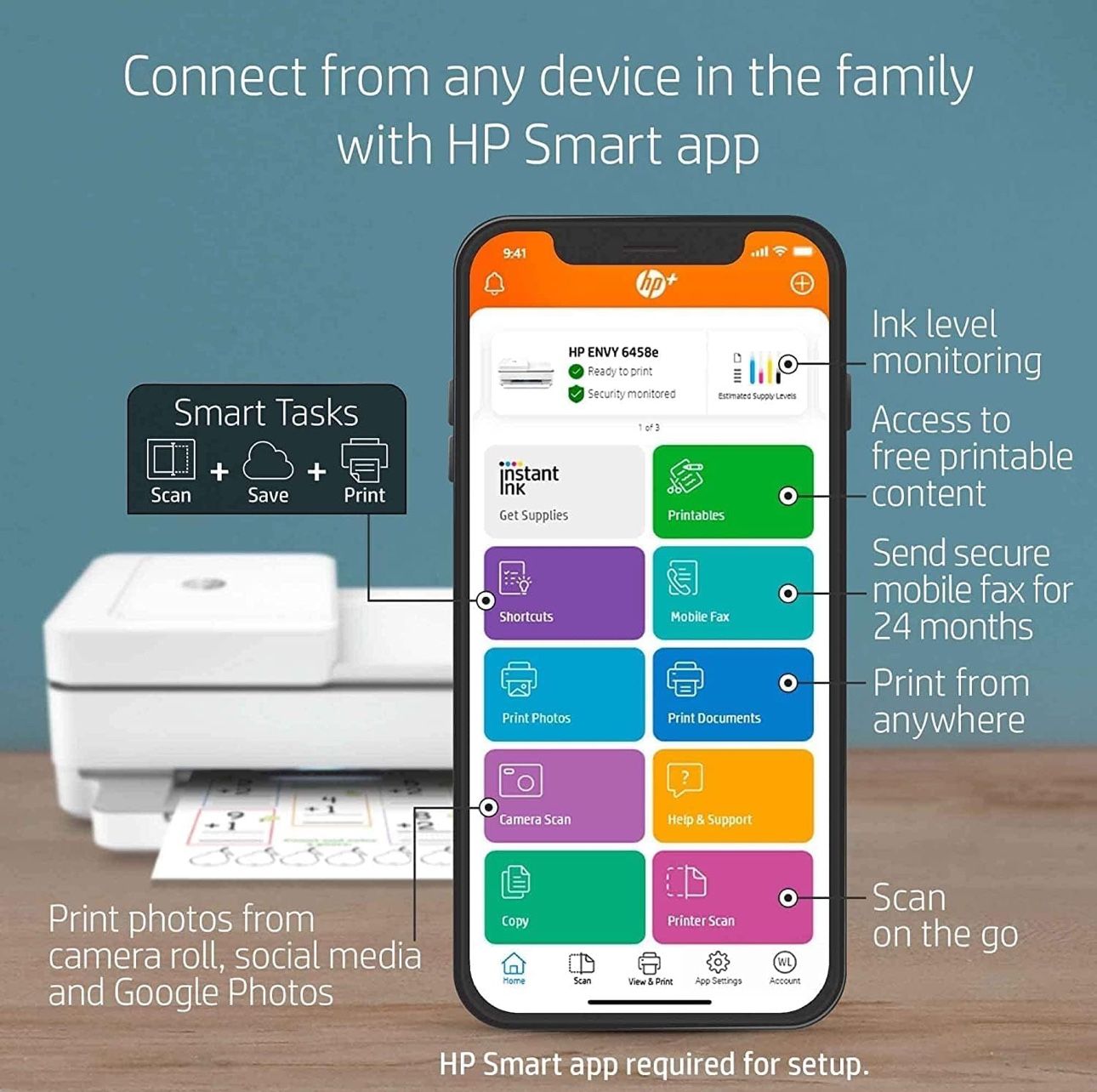 HP Envy 6458e All-in-One Wireless Color Inkjet Printer, Print Copy Scan - 10 ppm, 4800 x 1200 dpi, Auto 2-Sided Printing, 35-Sheet ADF, Dual-Band WiFi