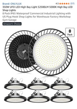 350W UFO LED High Bay Light 52500LM 5000K High Bay LED Shop Lights 8 Pack IP65 Waterproof Commercial Industrial Lighting with US Plug Hook Shop Lights