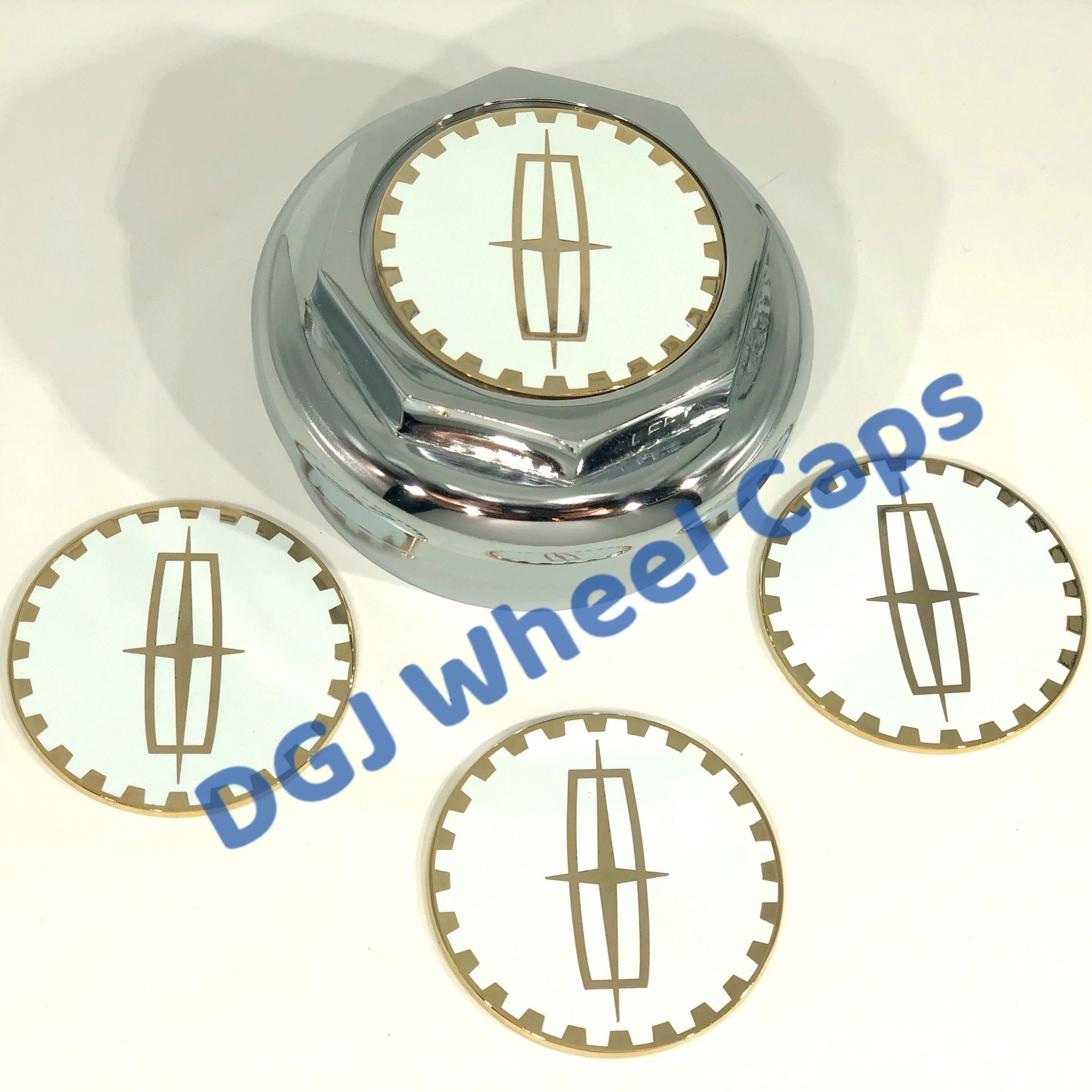 Lincoln White on Gold Lowrider Wire Wheel Metal Chips Emblems