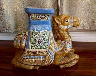 Vintage Glazed Ceramic Camel Garden Stool / Plant Stand
