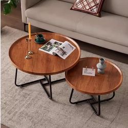 2 Round Coffee Table Sofa Side Table Fluted Brown Black Center Living Room Farmhouse Furniture New