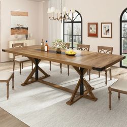 95" Natural Wood Color Farmhouse Dining Table for 10-12 People, Rectangular Wood Dining Table, Long Dining Room Tables with Wood Strip Base for Dining