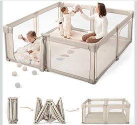 Sweeby Baby Playpen, 59x59 Inch Gate Foldable for Babies and Toddlers, Extra Large with Door Play Yard for Fence Indoor and Outdoor, Light Khaki