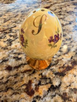 Vintage Porcelain Pepper Shaker Purple Floral Gold Pedestal Letter P Cork Stopper